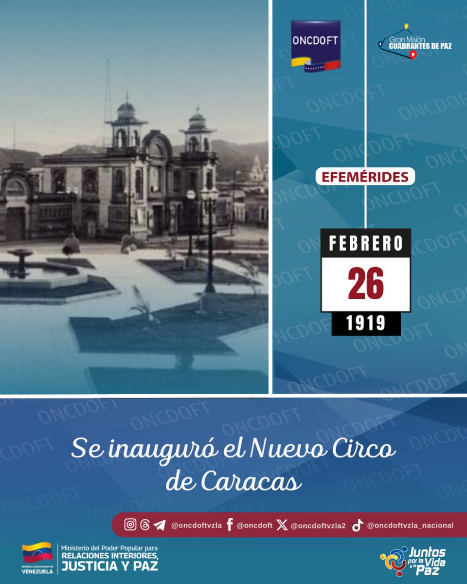 #Efemérides TalDíaComo hoy, #26Feb de 1919 es inaugurado el Nuevo Circo de Caracas, por Juan Vicente Gómez, presidente de la República de Venezuela, para la época, quien gozaba de una gran afición taurina. Obra solicitada a los arquitectos: Alejandro Chataing y Luis Muñoz Tébar.