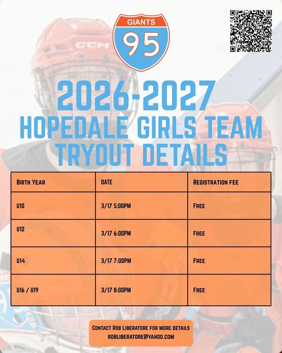 🚨HOPEDALE TRYOUT DETAILS🚨
2026-2027 Registration is open now!! 
📍Blackstone Valley IcePlex Hopedale, MA