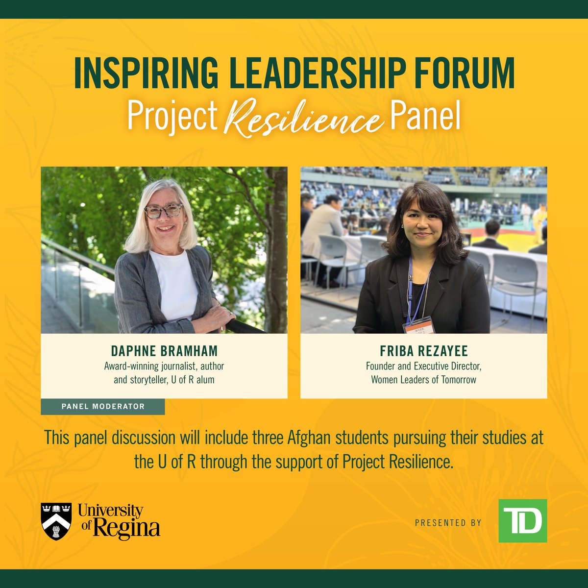 #URegina's Inspiring Leadership Forum presented by <a href="/TD_Canada/">TD (Canada)</a> is one month away!

This year’s panel features Afghan students from Project Resilience, reflecting on their journeys and their post-secondary studies at the U of R.

For tickets 🎟️ bit.ly/3IdPNeK

#URinspiring