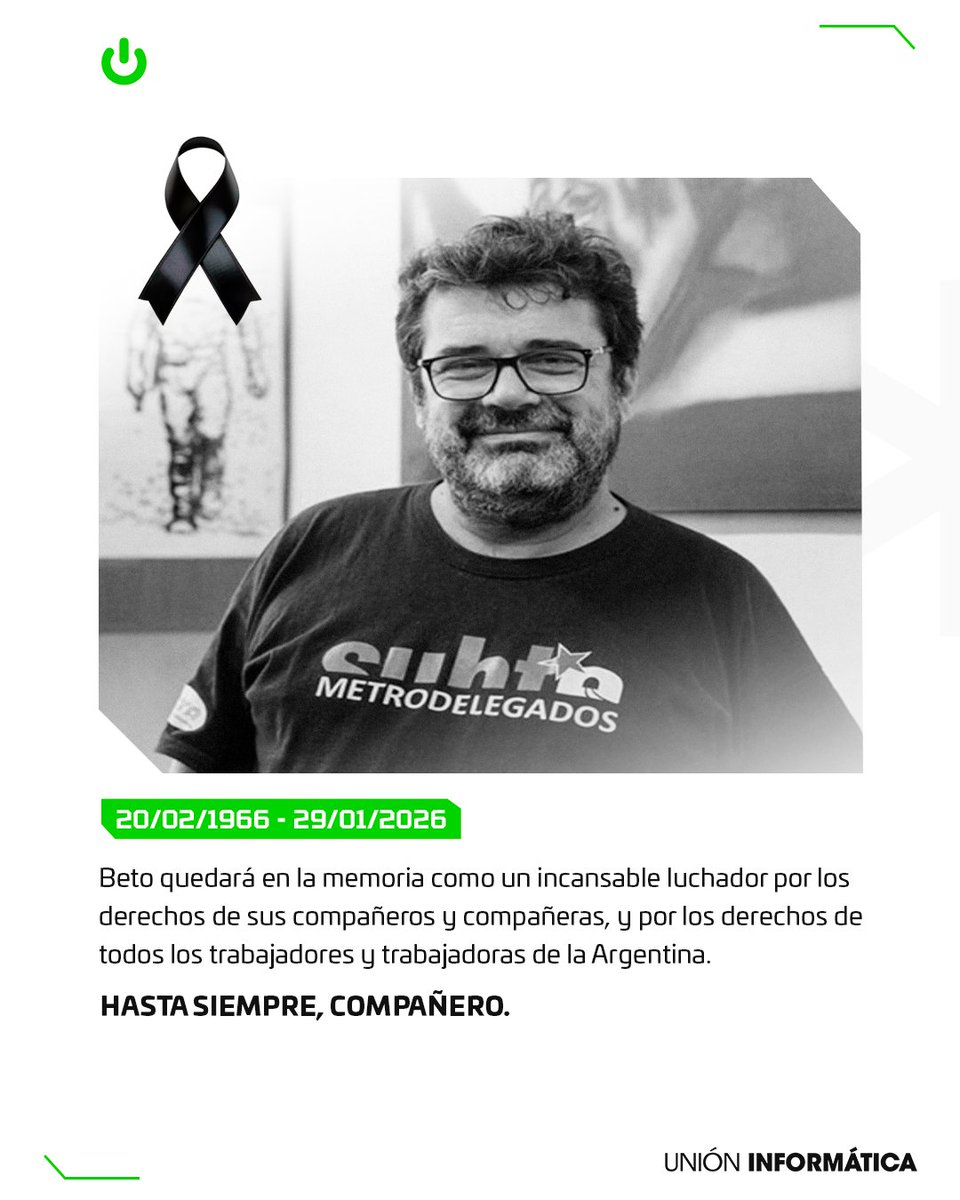 Desde el Sindicato de Informática lamentamos profundamente el fallecimiento del compañero Beto Pianelli, secretario general de la Asociación de Trabajadores de Subte y Premetro <a href="/prensadelsubte/">Prensa AGTSyP</a>
Hacemos llegar nuestras más sinceras condolencias a sus seres queridos y, en