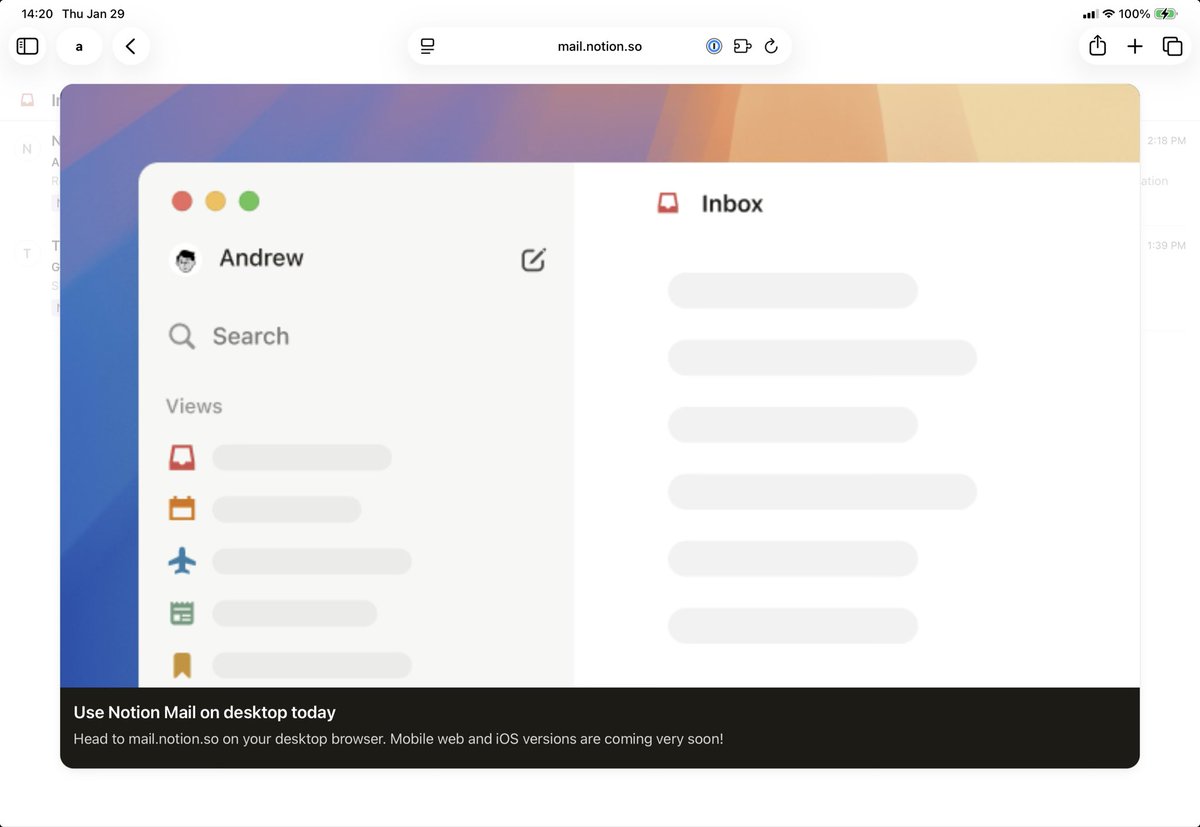 prplecake's tweet photo. @NotionHQ @NotionMail y’all won’t let me use the website on my ipad? what gives? there is no way to dismiss this. https://t.co/GBFwO12Ez4