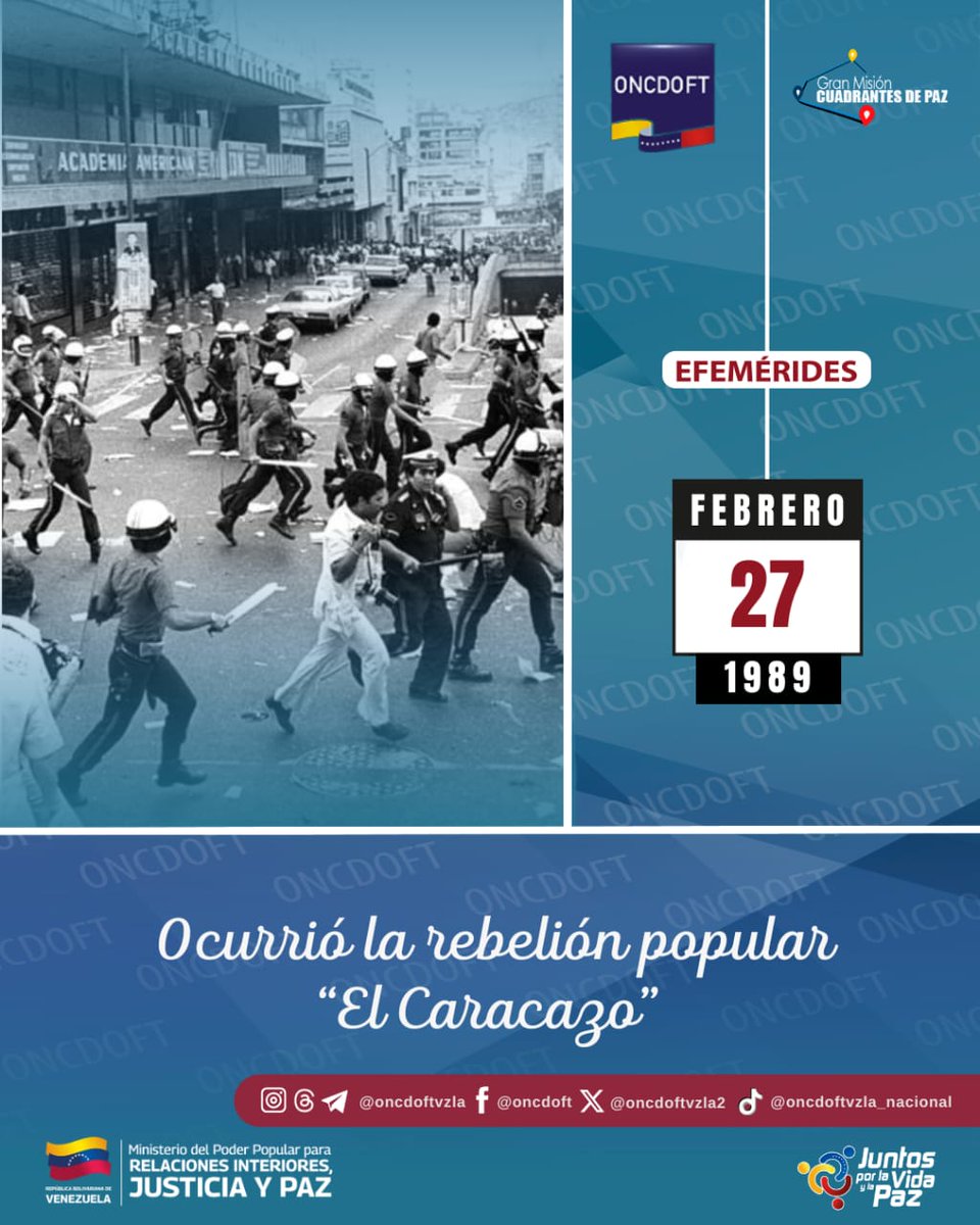 #Efemérides TalDíaComo hoy, #27Feb de 1989, Venezuela vivió uno de los episodios más trágicos y significativos de su historia reciente: El Caracazo, símbolo de protesta social, desigualdad económica y represión estatal.
#mpprijp
#oncdoftvzla
#Mazo4F
#JuntosPorLaVidaYLaPaz