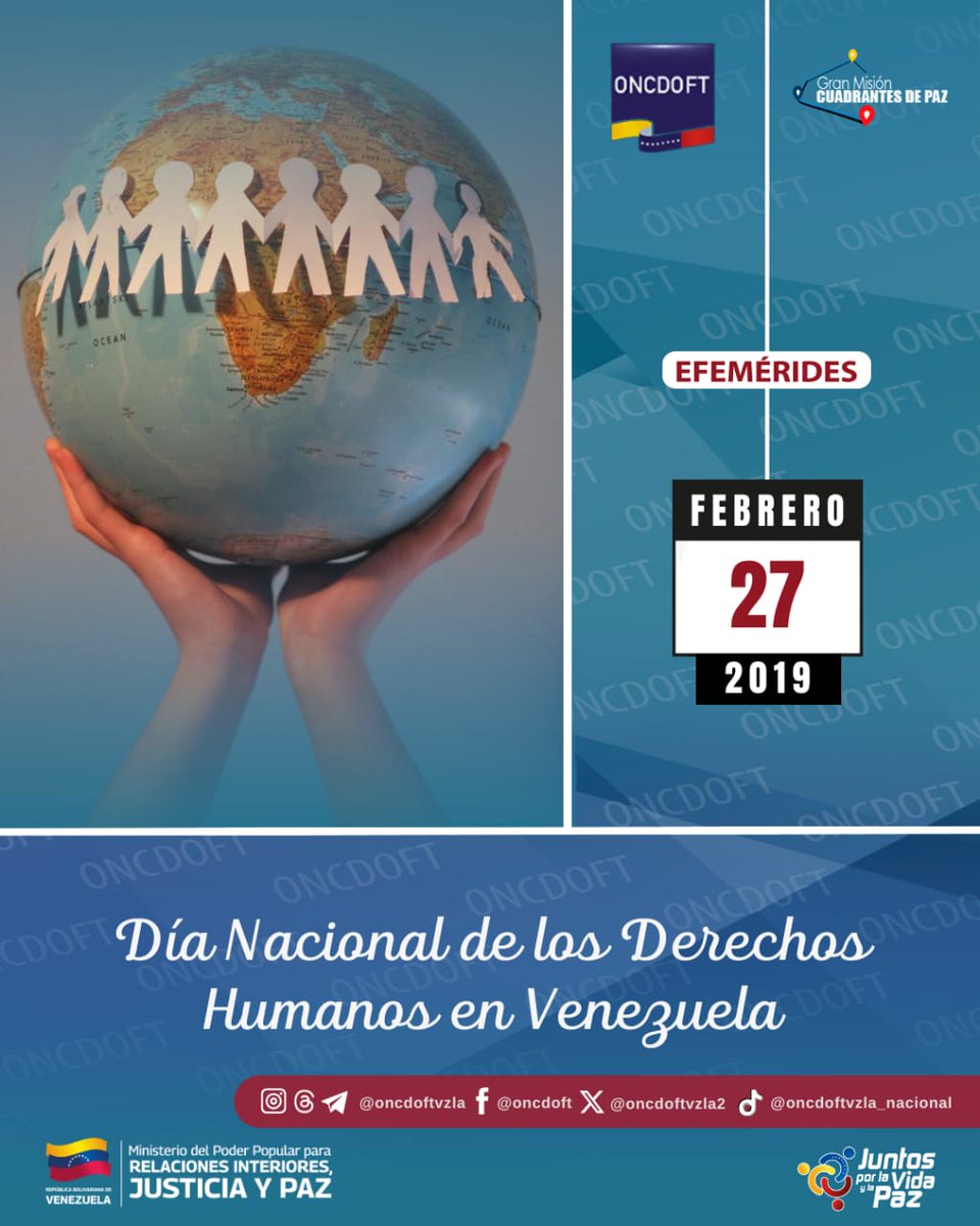 #Efemérides TalDíaComo hoy, #27Feb se celebra el Día Nacional de los Derechos Humanos en Venezuela, establecido para recordar los eventos del "Caracazo" de 1989, una revuelta popular contra políticas neoliberales que resultó en violaciones masivas de derechos humanos.
#mpprijp