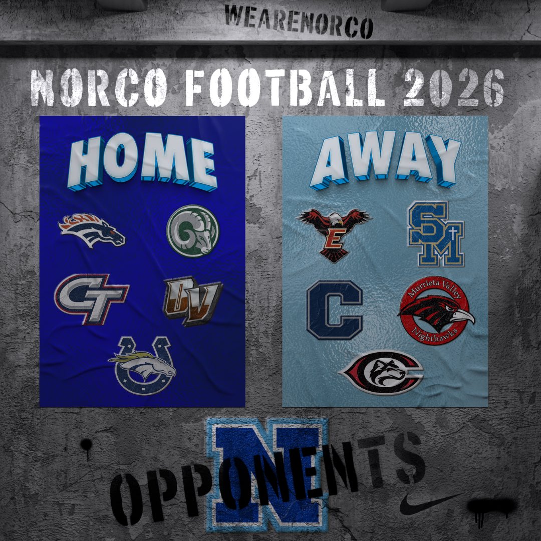 norcofootball's tweet photo. 2026 schedule
Week 0 Roosevelt Home
Week 1 Colony Home
Week 2 Orange Vista Home
Week 3 Etiwanda Away
Week 4 Santa Margarita Away
Week 5 Bye
Week 6 Murrieta Mesa Home
Week 7 Chaparral Away
Week 8 Centennial Away
Week 9 Vista Murrieta Home
Week 10 Murrieta Valley Away
WE ARE NORCO https://t.co/RfXcIEyOvu