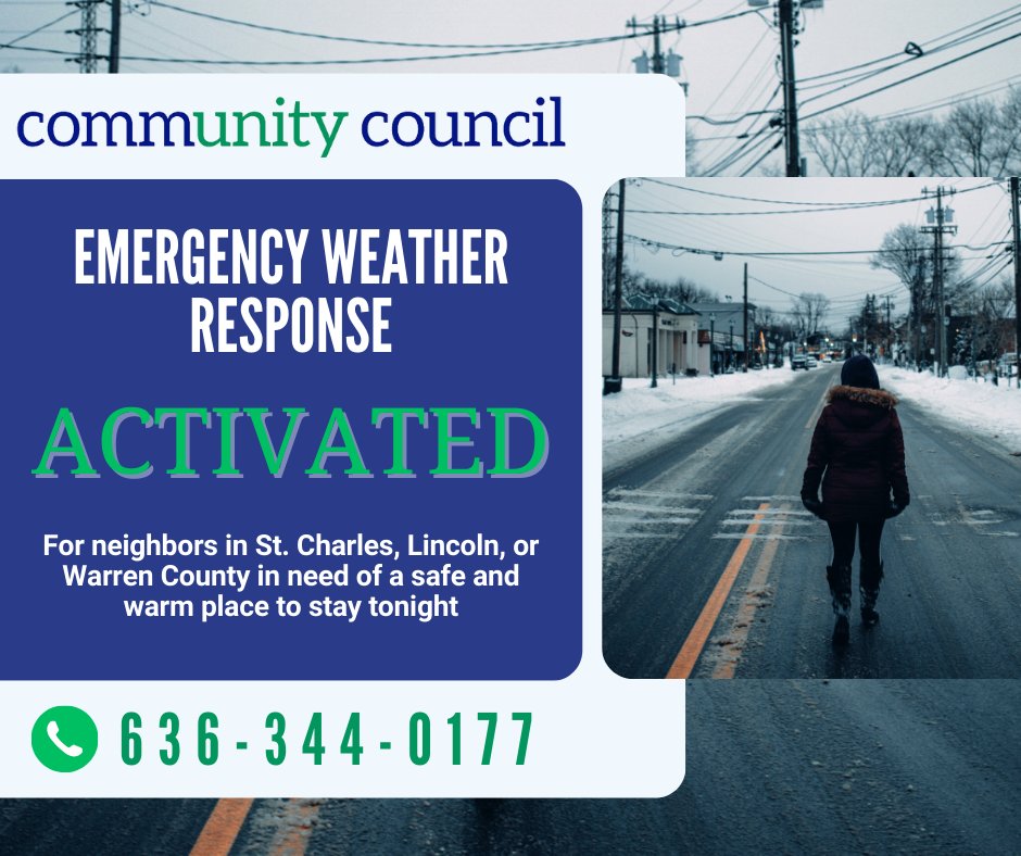 CommunitySTC's tweet image. The Emergency Weather Response (EWR) Hotline will be activated today at 3 p.m.
If someone needs a warm, safe place to stay overnight, they can call:
📞 636‑344‑0177
Please share this information with anyone who may need shelter or support during the cold weather.