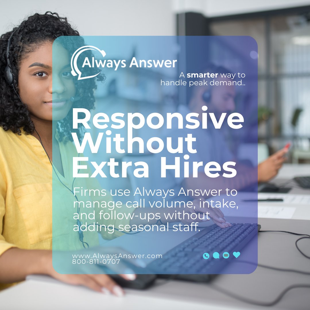 AlwaysAnswerInc's tweet photo. Peak demand doesn’t always require more hires. See how a CPA firm stayed responsive with Always Answer. https://t.co/1ES08c1JvM 

#AlwaysAnswer #CaseStudy #AccountingFirms #OperationalEfficiency #ClientIntake #CPALife https://t.co/qc846OfH8X