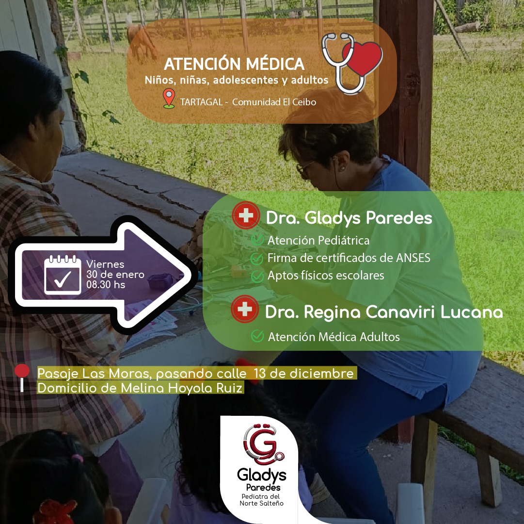 📍MAÑANA EN LA COMUNIDAD EL CEIBO🩺
👩🏼‍⚕️Este viernes voy a estar brindando atención pediátrica en la comunidad El Ceibo de Tartagal junto a la Dra. Regina Lucana que ofrecerá atención médica a adult@s ✅ 
🫶🏼L@s esperamos!

#salta #pediatra #norte #salud #Infancias #derechos