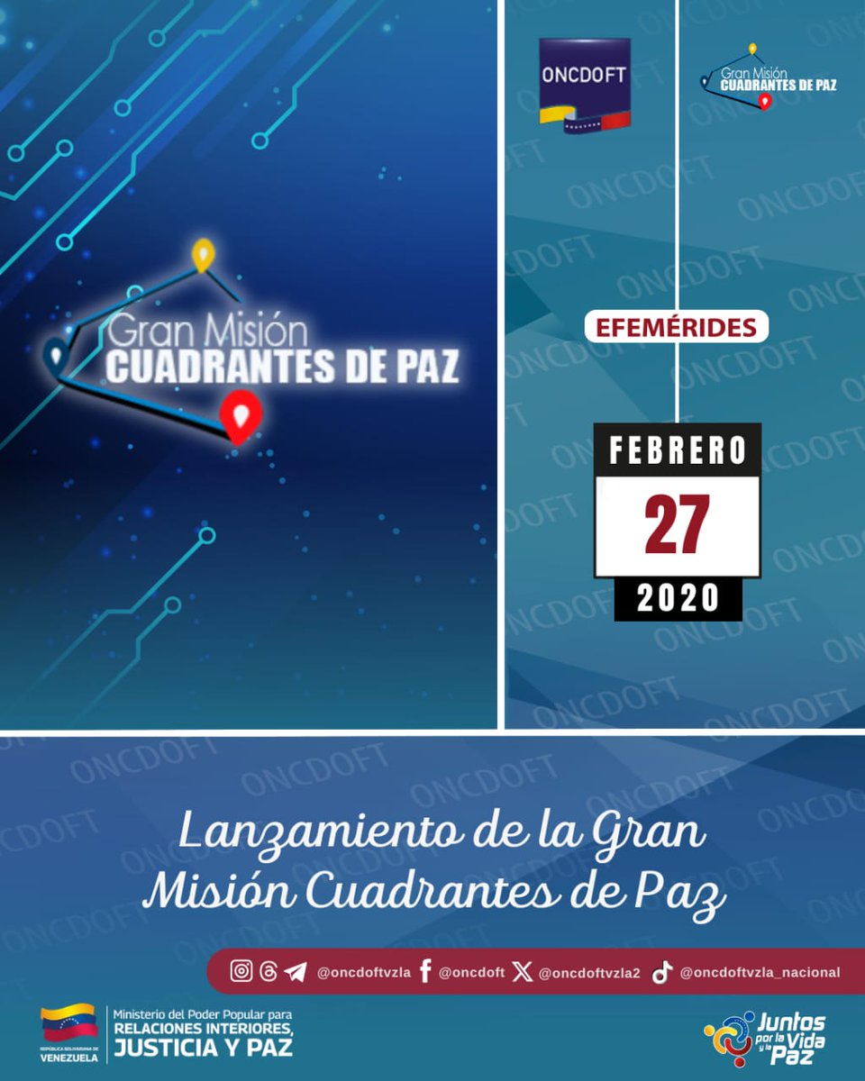 #Efemérides TalDíaComo hoy, #27Feb de 2020 se lanza la Gran Misión Cuadrantes de Paz, a fin de fortalecer las capacidades de los organismos de seguridad del Estado y, ante situaciones de vulnerabilidad, garantizar con planes especiales la consolidación de la paz de la nación.