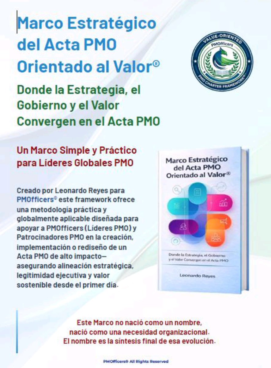 🚀 Lanzamiento
Marco Estratégico del #ActaPMO Orientado al Valor®

Las #PMO son capacidades estratégicas, no administrativas.
Mandato, legitimidad y valor definidos desde el Acta PMO.

🌍 🎓 Micro-Credencial PMO Charter | 🎓 Diplomado Internacional PMO

#PMOfficers #PMOAcademy