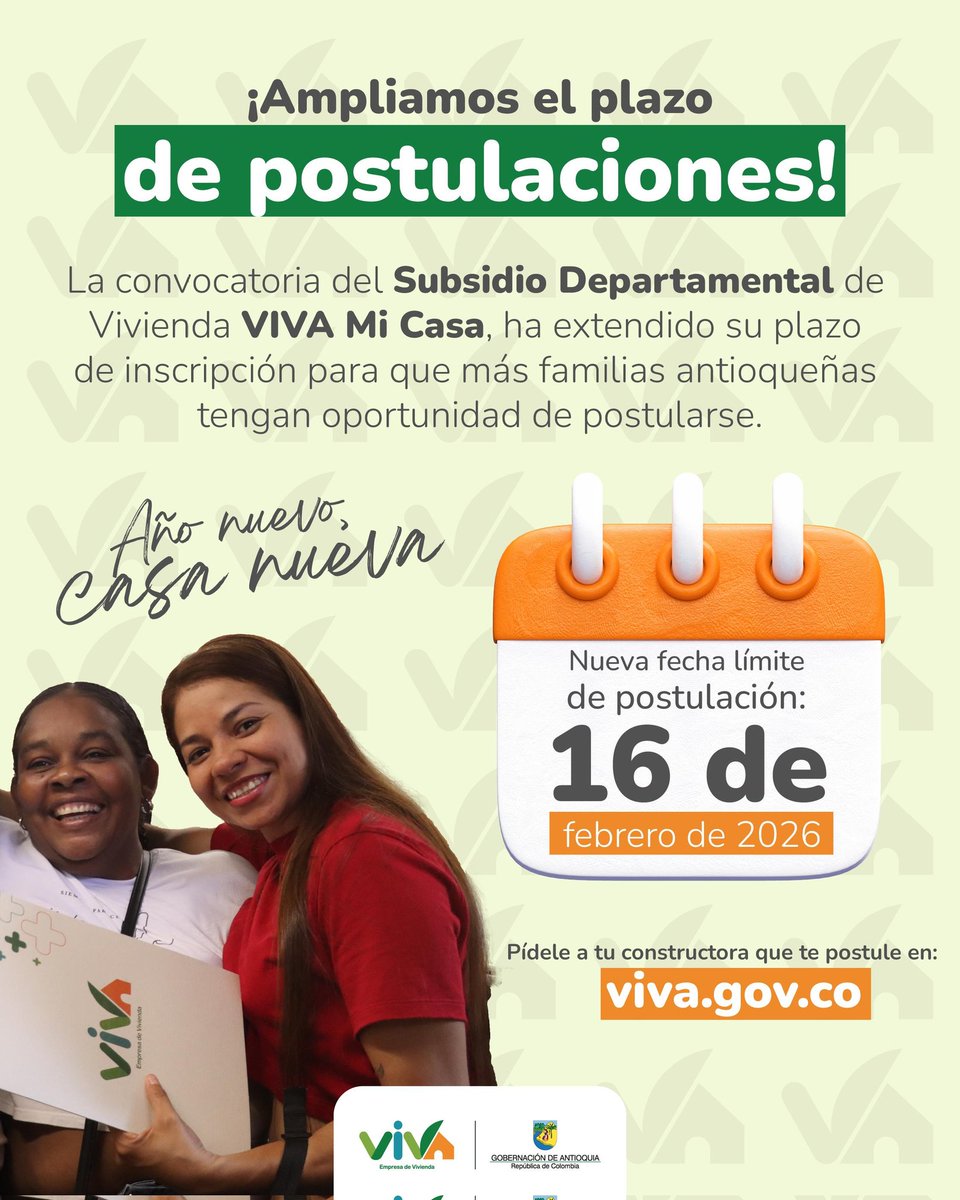 📢 ¡Buenas noticias!

Ampliamos el plazo de la convocatoria del Subsidio Departamental de Vivienda – VIVA Mi Casa para que más familias antioqueñas puedan postularse.

🗓️ Nueva fecha límite: 16 de febrero

🔎 Recuerda:
✔ El programa cuenta con recursos por 75.000 millones de