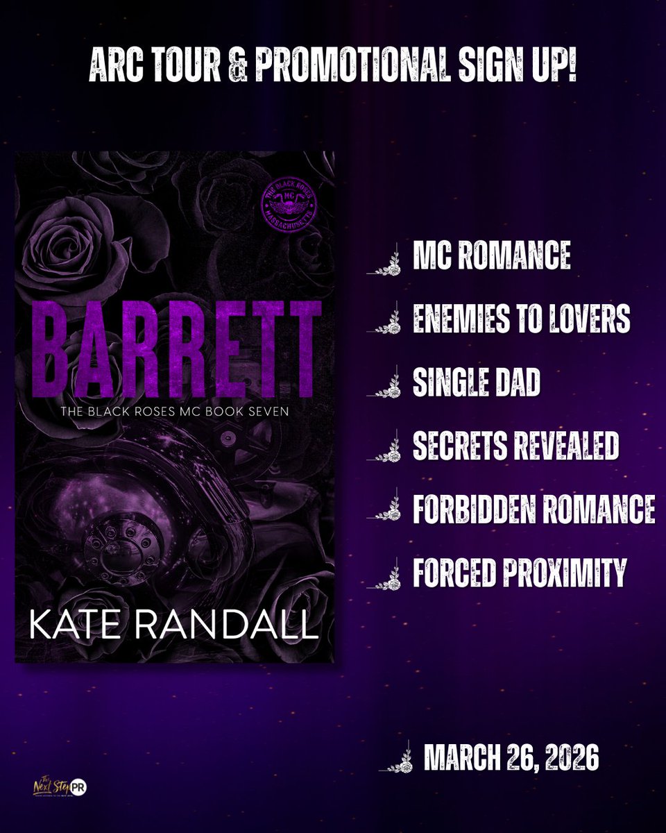 𝗠𝗖 𝗥𝗢𝗠𝗔𝗡𝗖𝗘 𝗟𝗢𝗩𝗘𝗥𝗦! 📣
#Barrett by #KateRandall
Genre: #MCRomance
Releasing 3.26
#SignUp  bit.ly/BarrettRelease…
#HostedBy <a href="/TheNextStepPR/">The Next Step PR</a>
Learn more at thenextsteppr.com