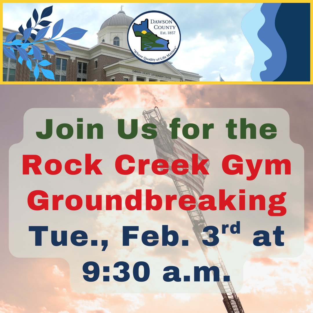 Join us NEXT Tuesday for the new Rock Creek Gym groundbreaking ceremony. Go through the left-side entrance, past the playgrounds/splash pad. And don't forget to wear a coat! We expect it to [still] be cold next week 🥶
•
#DawsonCounty #Dawsonville #DawsonCountyGovernment