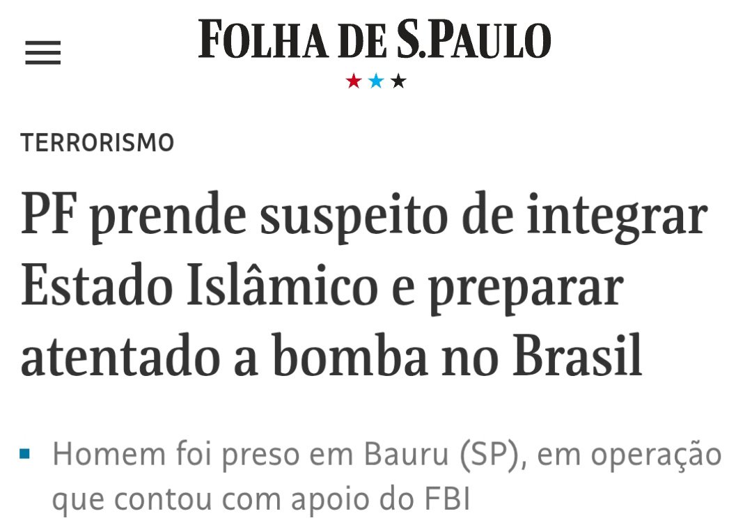TERRORISTA PRESO em BAURU!

Estão vendo?!

- Explosivos
- Estado Islâmico
- Até o FBI investigando

ISSO É UM TERRORISTA!
E não velhinhas com bíblias e
terços nas mãos!