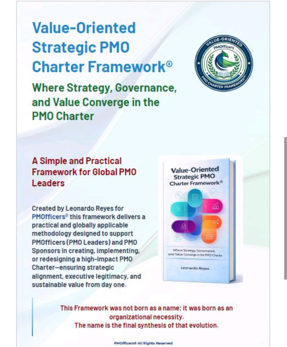 🚀 Launch
Value-Oriented Strategic PMO Charter Framework®
PMOs are strategic capabilities, not administrative units.
Mandate, legitimacy, and value defined from the PMO Charter
🌍🎓 #PMOCharter Micro-Credential  🎓 International #PMO Diploma
#PMOfficers #TheMasterPMO #PMOAcademy
