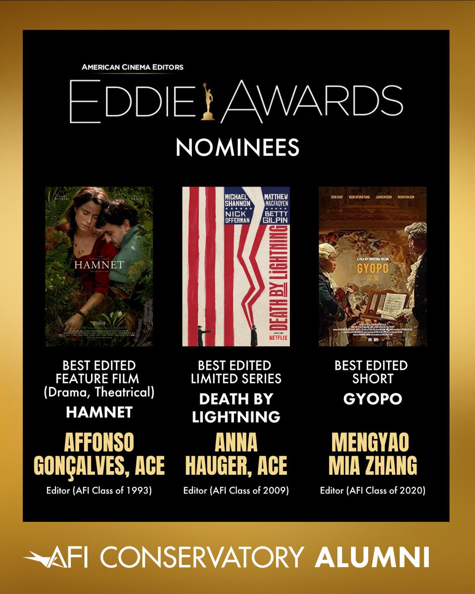 AFIConservatory's tweet image. 👏 Congratulations to the #AFIAlumni that were nominated for the 76th Annual Eddie Awards! #ACE #EddieAwards
