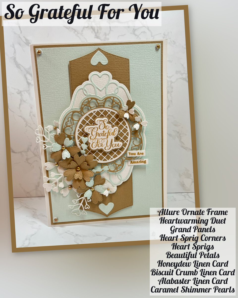 Here’s a super pretty card in subtle tones , using the new ornate frames, duet stamps/dies and linen card stock