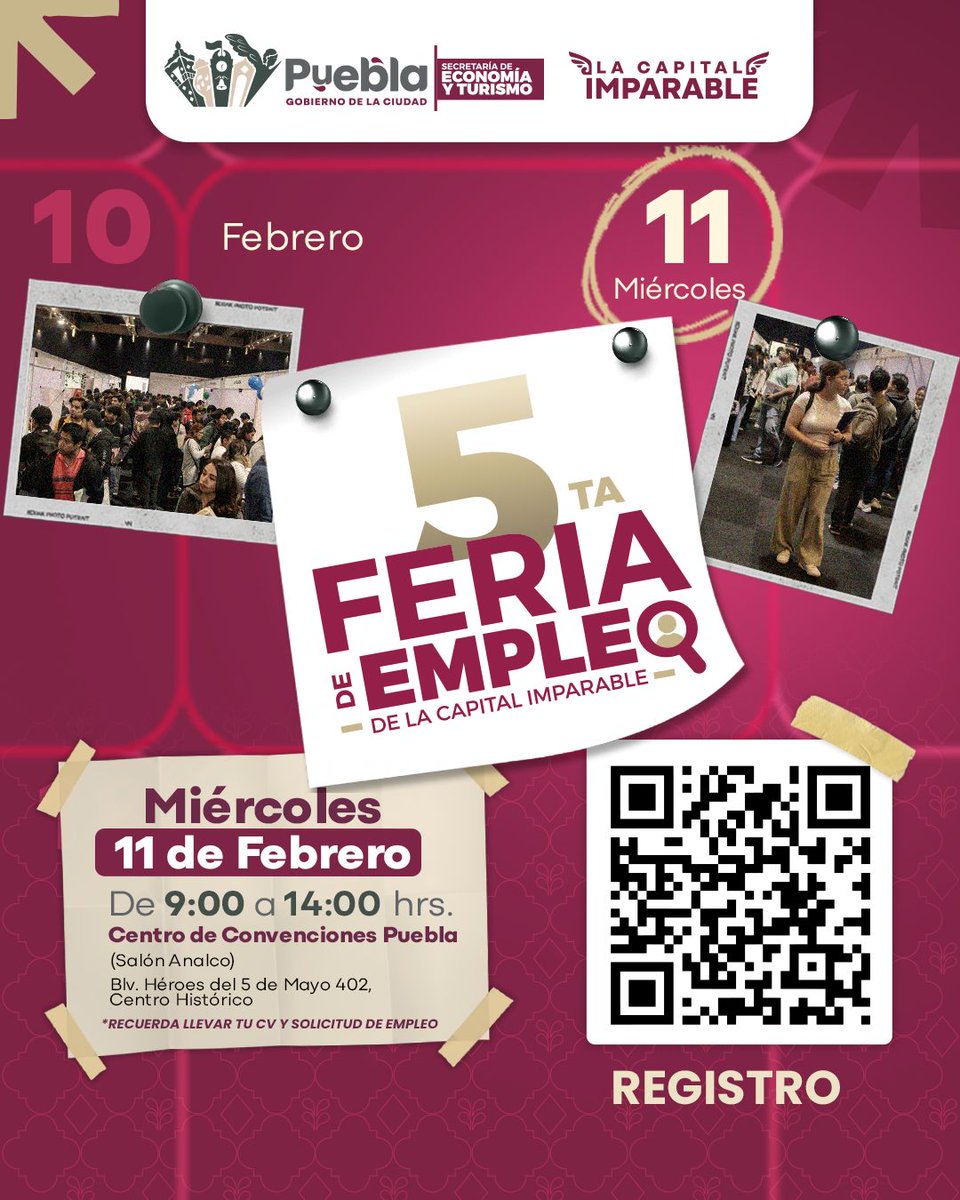 ¡Llega la 5ta Feria de Empleo!

Acude con curriculum vitae y solicitudes de empleo para postular a varias vacantes.

📆11 de febrero
🕘09:00 a 14:00 hrs
📍Centro de Convenciones <a href="/CConvPuebla/">Centro de Convenciones Puebla</a>.

¡Agiliza tu ingreso, registrándote ya👉 tinyurl.com/4utu3xj2!

#LaCapitalImparable🪽