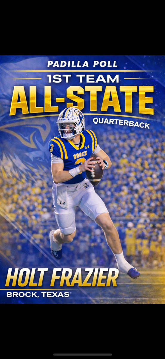 Holt_Frazier's tweet photo. Thank you @padillapoll for selecting me as 1st Team All-State Quarterback! I’m truly blessed to have played with such a talented and tight knit group of guys!!

@foster_sawyer @CoachN_4Christ @coach_mullinnix @BChristenson_OC @RecruitBrockFB @Recruit_DFW @MikeRoach247 @Andrew_Ivins @GPowersScout