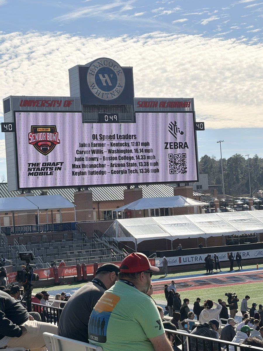 Senior Bowl OL speed leaders on the last day of practice:

Jalen Farmer (Kentucky): 17.07 mph
Carver Willis (Washington): 16.14 mph
Jude Bowry (Boston College): 14.33 mph
Max Iheanchor (Arizona State): 13.38 mph
Keylan Rutledge (Georgia Tech): 13.36 mph