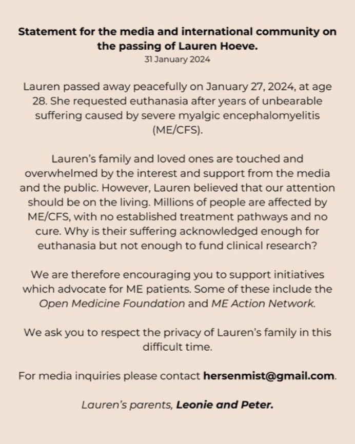 🖤Laurens Eltern nach ihrem Tod durch Sterbehilfe:

„Warum wird ihr Leiden als Grund für Sterbehilfe anerkannt, aber nicht als Grund für die Finanzierung klinischer Forschung?“💔
x.com/kirstymecfslif…