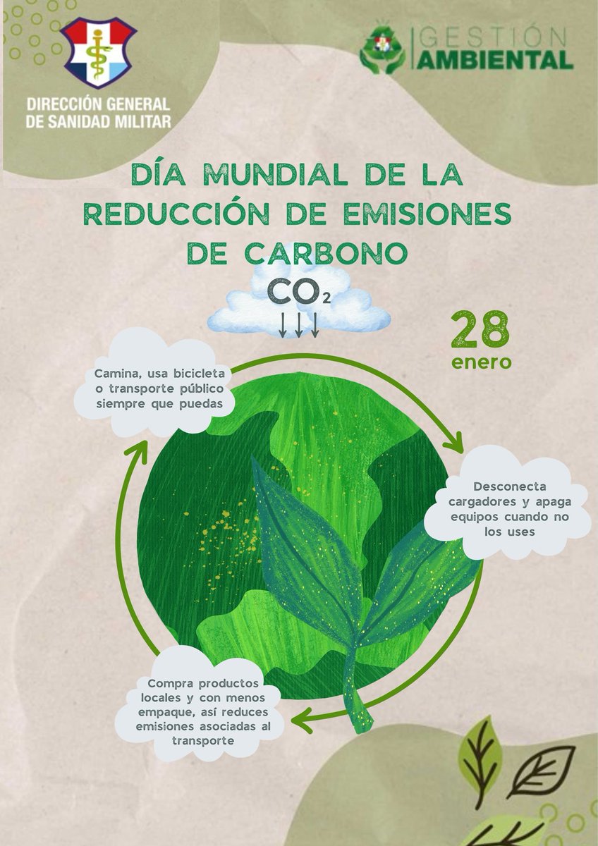 En el #DíaMundialDeLaReducciónDeEmisionesDeCarbono, desde la Dirección General de Sanidad Militar recordamos que cuidar el planeta también es cuidar la salud. Cada acción responsable suma a un futuro más sano para todos. 🌱♻️