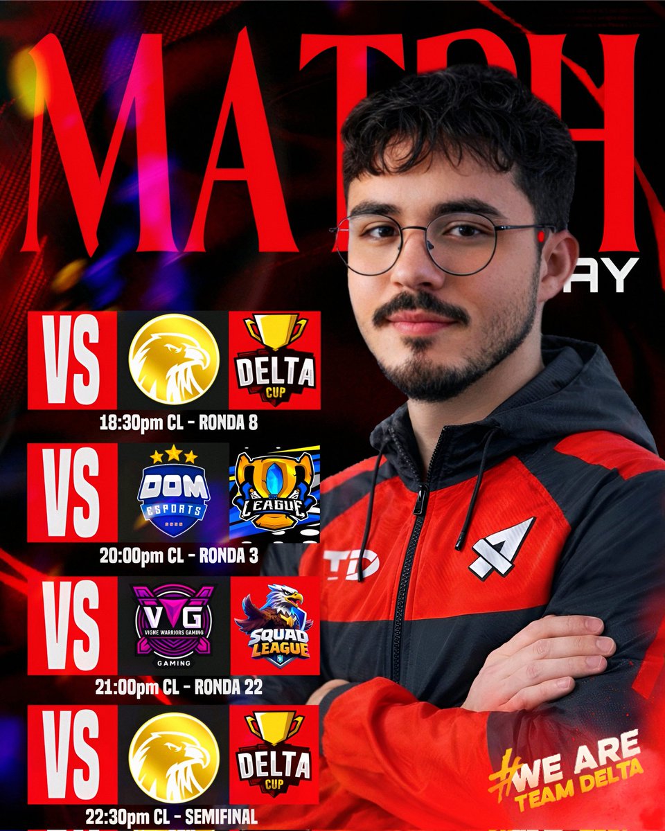 TDelta_CR's tweet image. #TDCR • MATCHDAY!

🏆▪️@DeltaCup_2 [J8]
⏰▪️18:30 🇨🇱 
🆚▪️ @AEGeSports_1

🏆▪️@jsleague_01 [J3]
⏰▪️20:00 🇨🇱 
🆚▪️@DOMeSportsBR

🏆▪️@SquadLeagueCR 
⏰▪️21:00 🇨🇱 
🆚▪️@VigneWarriorsG

🏆▪️@DeltaCup_2 [SEMIFINAL]
⏰▪️22:30 🇨🇱 
🆚▪️@AEGeSports_1

#GoDelta #WeAreDelta #AlwaysDelta