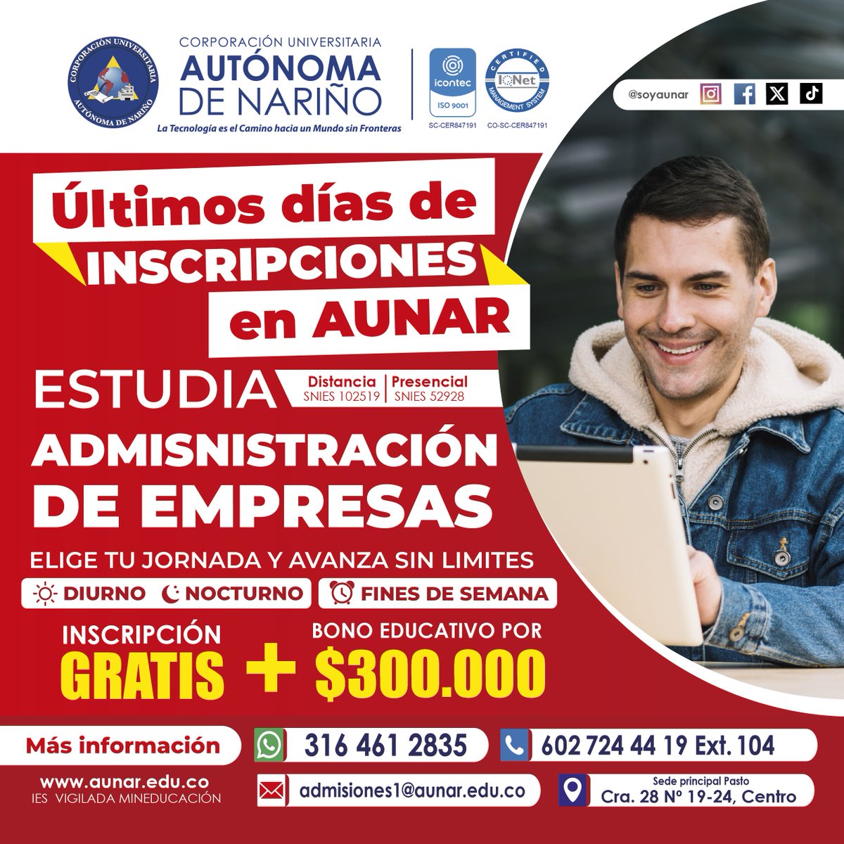 soyaunar's tweet photo. 🎓 ¡Últimos días de inscripciones en AUNAR!
Estudia Administración de Empresas, Contaduría Pública o Ingeniería Informática en la Corporación Universitaria Autónoma de Nariño – AUNAR.
🎁 Inscripción GRATIS + bono educativo
👉 Inscríbete aquí:
https://t.co/mLPJkzczsA https://t.co/xICfPbQqL5