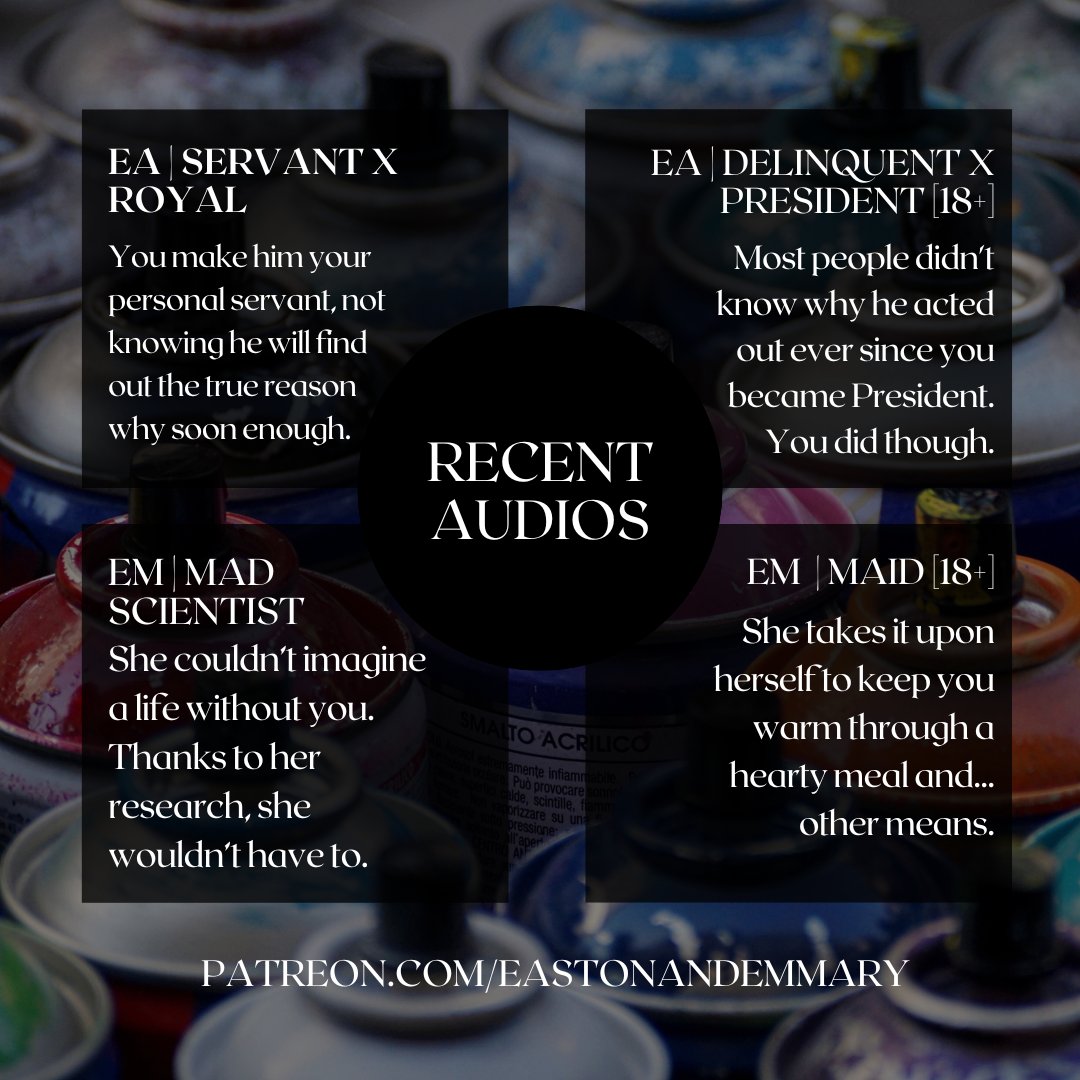 Hello. We need to update our schedule... again. We had client meetings come up... and we ran into issues building the PC. So, until we can get that all squared away, have this in the meantime. A shop update along with recent and upcoming Patreon audios.

eastonandemmary.carrd.co