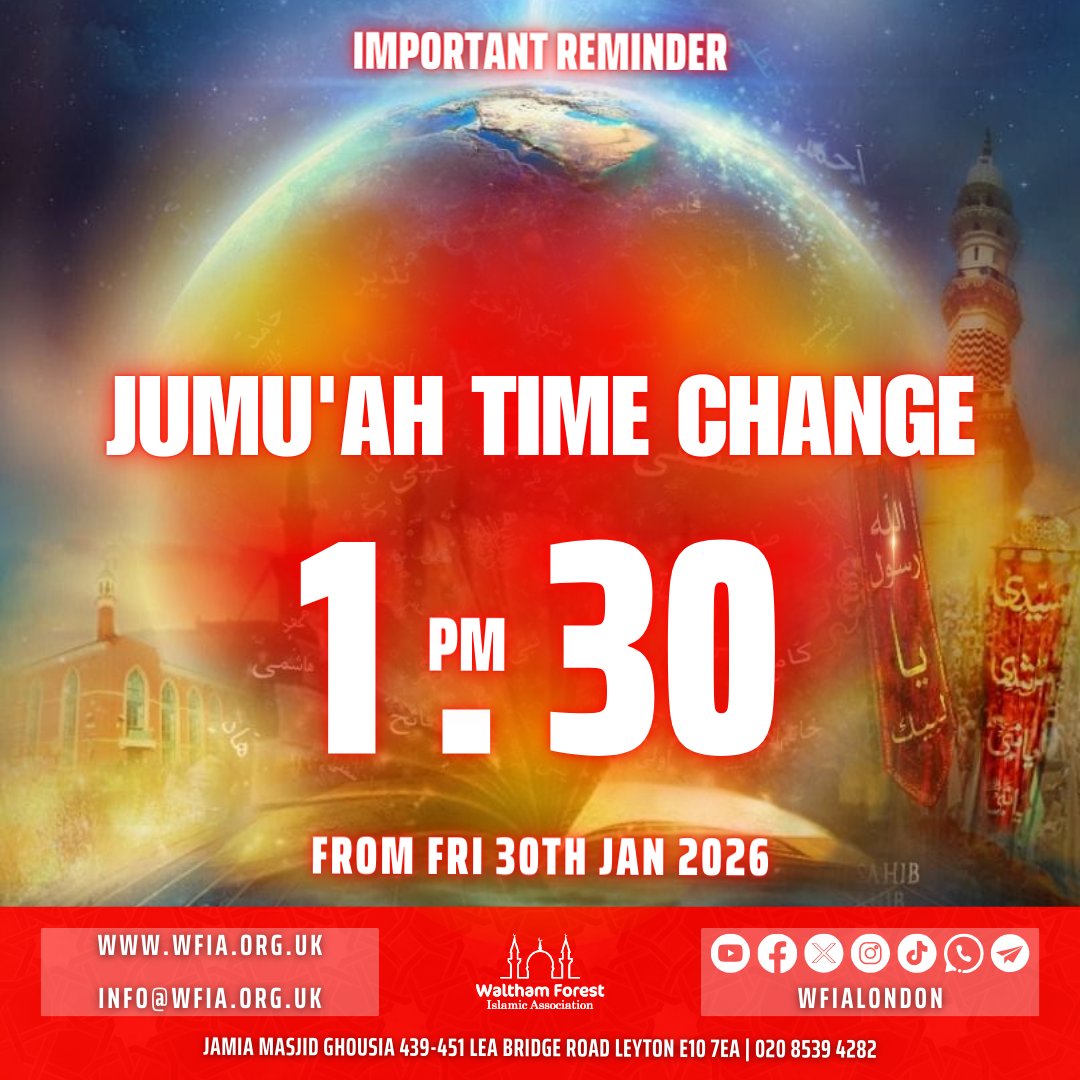 Jumu'ah returns to 1.30pm from tomorrow Fri 30th Jan 2026 iA. Please share with your family, friends and groups. JazakAllah Khayr.