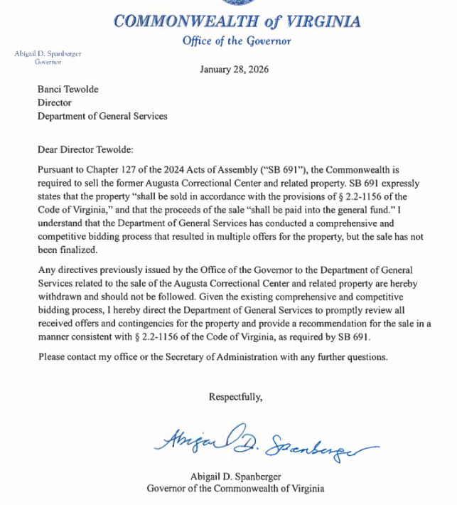 INBOX: <a href="/SpanbergerForVA/">Abigail Spanberger</a> is UNDOING one of <a href="/GlennYoungkin/">Glenn Youngkin</a>'s final acts in office. #VALeg 

The former guv told DGS (L📸) to pick a specific contractor, Moxie Asset Group, to buy Agusta the day before Span's inaug. 

Span just ordered (R📸) DGS to start the review process over.