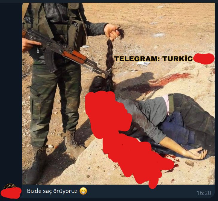 Elle a été égorgée.

Le massacre des Kurdes par les jihadistes au pouvoir en Syrie se poursuit.

L’exaction est partagée sur un canal Telegram turc.