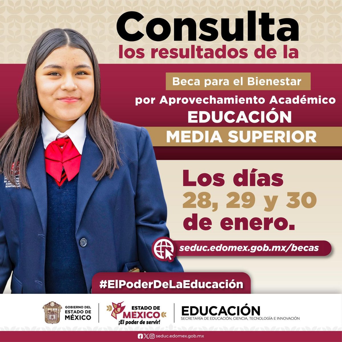 Revisa los resultados de la #BecaParaElBienestar por Aprovechamiento Académico en la página: seduc.edomex.gob.mx/becas
<a href="/Edomex/">Gobierno del Estado de México</a> <a href="/delfinagomeza/">Delfina Gómez A.</a> <a href="/SeducEdoMex/">Educación, Ciencia, Tecnología e Innovación</a>