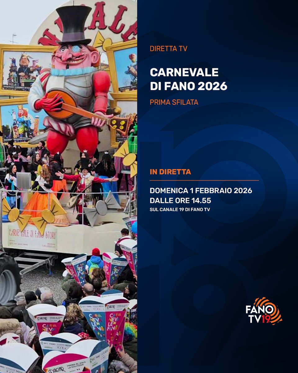 🎭 📺Carnevale di Fano in diretta su FanoTV Anche quest’anno FanoTV trasmetterà in diretta la prima sfilata dei carri allegorici in viale Gramsci. Domenica 1 febbraio 2026 dalle ore 14.55