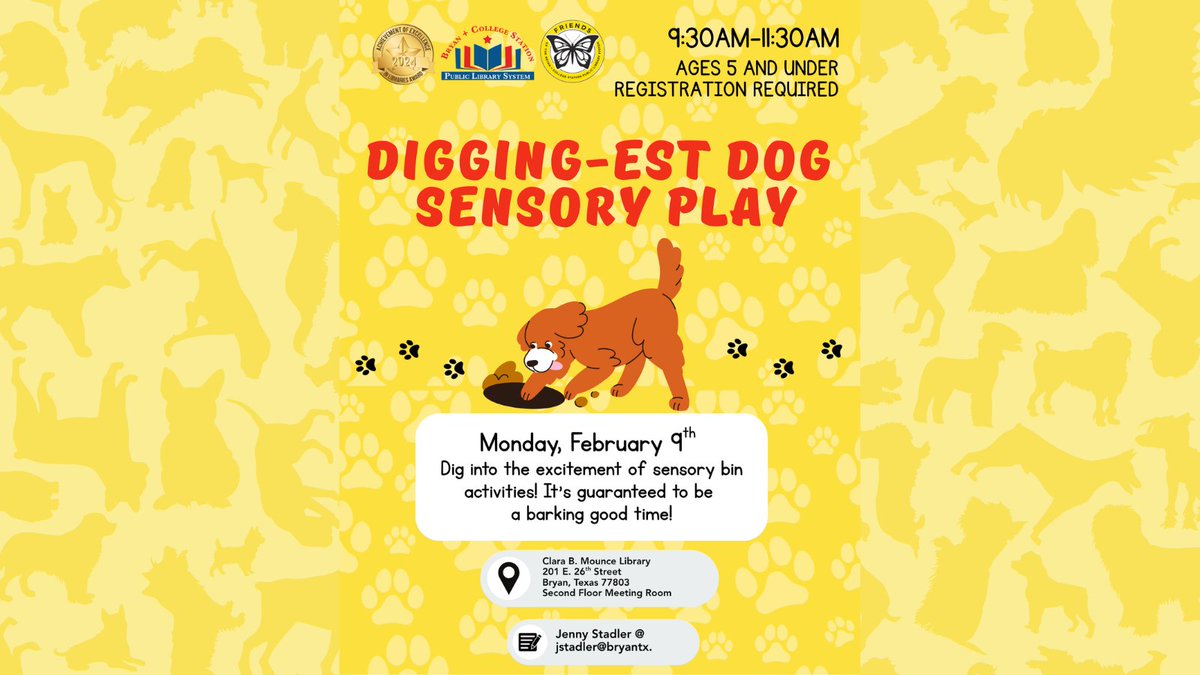BCSPubLib's tweet image. Dig around in sensory bin fun at the Mounce on Monday, February 11th from 9:30AM-11:30AM! It will be sure to be a barking good time for tots 5 and under and parents/caregivers. No registration required. #bcstx #sensoryplay #dogs