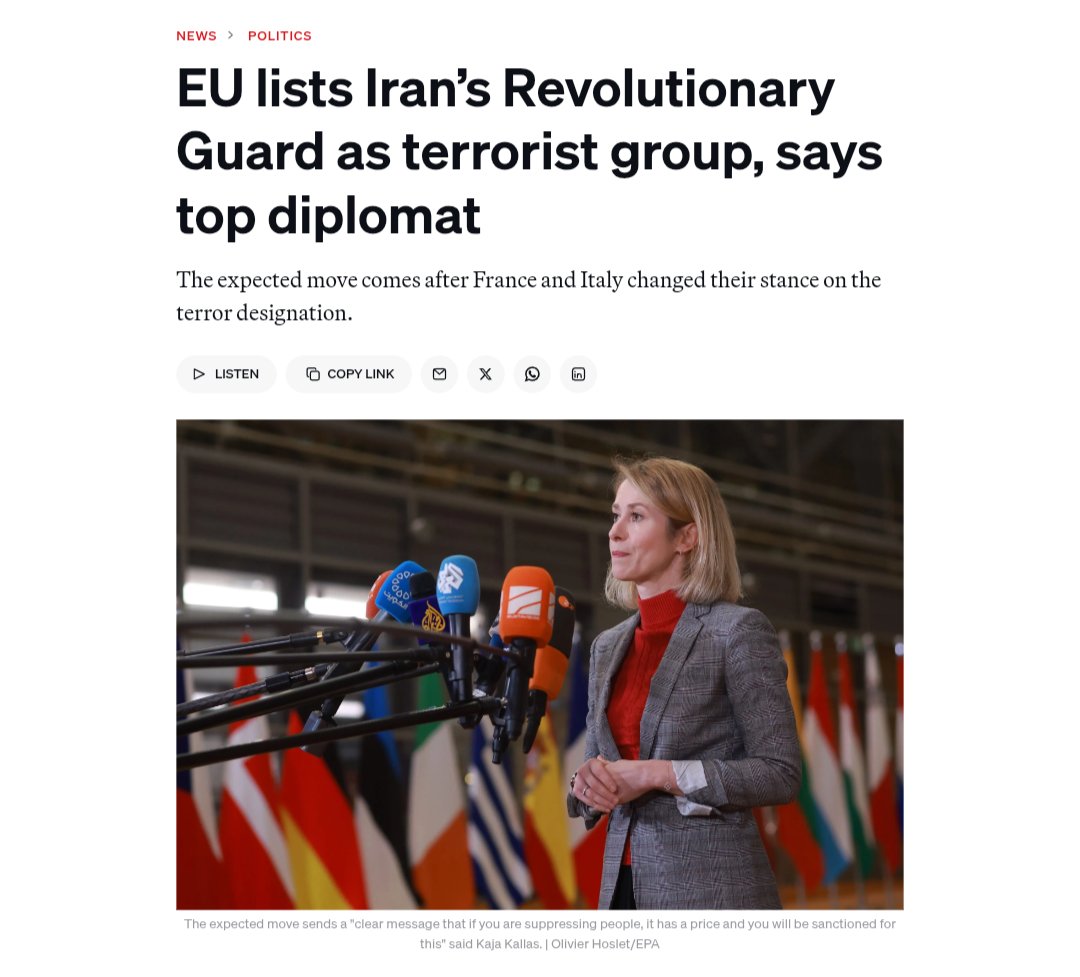 Konečně! EU po letech našeho naléhání a tlaku označila íránské Revoluční gardy za teroristickou organizaci. Francie a pár dalších států to roky blokovaly. Fakt musí íránský režim popravit během pár dní desítky tisíc lidí, aby Paříž konečně přišla k rozumu?

Finally. After years