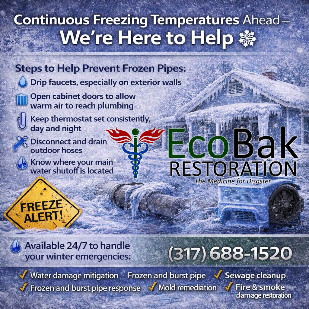 EcoBakRestore's tweet photo. ❄️ Freezing temps across Indiana ❄️
Cold weather can cause frozen &amp; burst pipes fast. Drip faucets, open cabinets &amp; know your water shutoff. If you need help, EcoBak is open 24/7.

📞 (317) 688-1520 https://t.co/raH4ZFIFOq