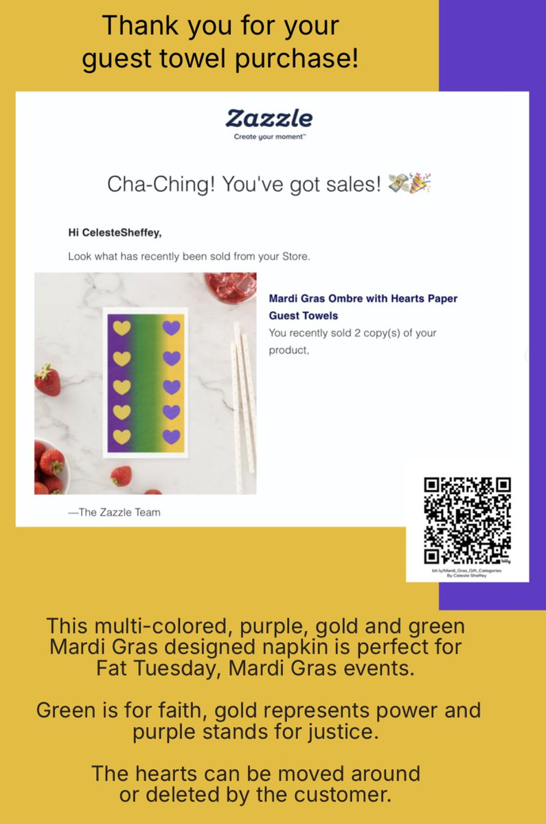 Khoncepts's tweet photo. These multi-colored, purple, gold and green Mardi Gras designed napkins are perfect for Mardi Gras events. Green is for faith, gold represents power and purple stands for justice. The hearts can be moved around or deleted by the customer. #mardigrasnapkins
https://t.co/TrMjR2iuxL https://t.co/IDjmMTrCev