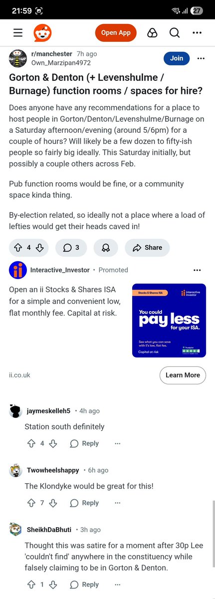 J_P_Farrell's tweet photo. @tomorrowsmps Someone clearly with excellent local knowledge was asking the random people of Reddit yesterday where in the constituency they might hold an event for "a load of lefties" this Saturday. Can't be that many suspects? https://t.co/0eHENLNVAm