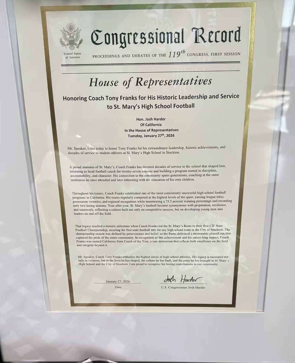 Masondunn67's tweet photo. 🏆 Huge honor! Rep. Josh Harder @RepJoshHarder  recognized SMHS for our State Championship Win with a Congressional Record celebrating our historic title and season. 📜👏
#StateChamps #CommunityProud 💪
@CoachZachN_ 
@_Vc_209 
@jtelles63 
@coach_mech 
@GetSportsFocus
@SacMaxPreps 
@westcoastpreps_
@WCPSacramento
@CalHiSports 
@TonyFranks1