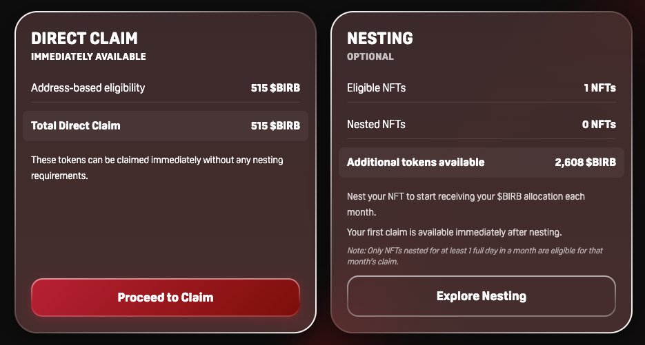 Moonbirds Airdrop Claim: Now Working!

✅ Claim here: claim.moonbirds.com

- $BIRB current price: $0.25
- Trading on: Coinbase, Bybit, Kucoin and more

Just click claim, scroll down, and you’ll see the claim button at the bottom right.

For Moonbirds NFT holders, you can