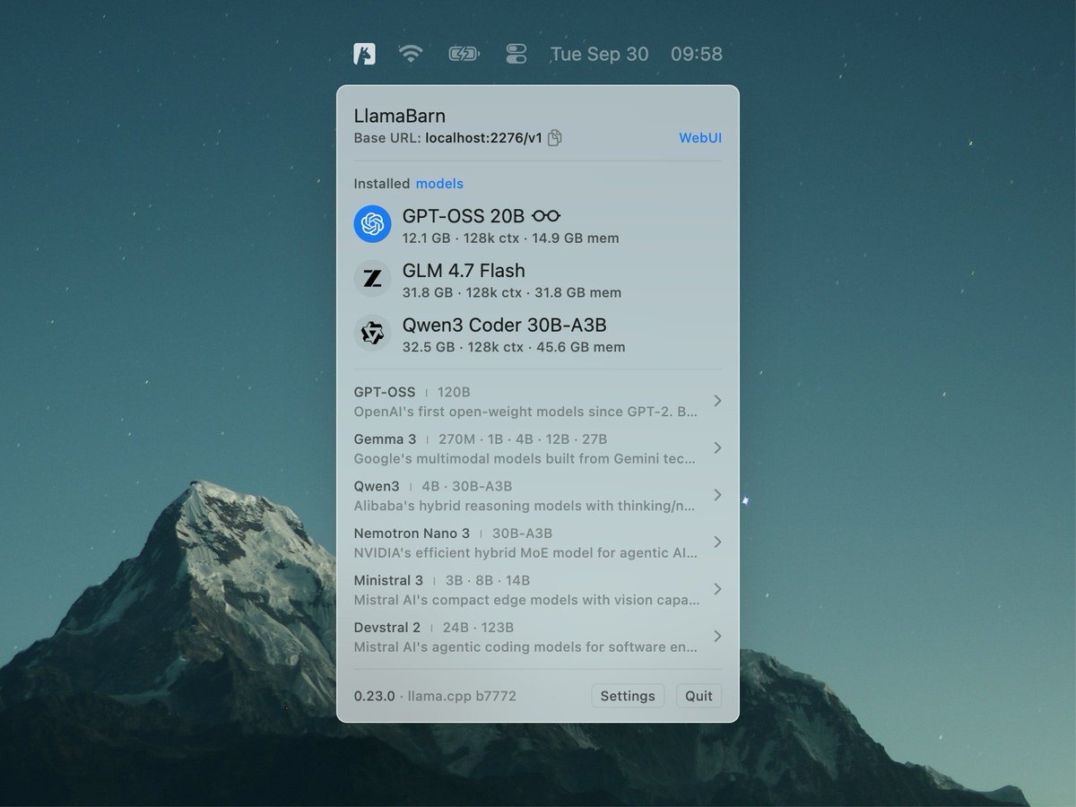 ggerganov's tweet image. Introducing LlamaBarn — a tiny macOS menu bar app for running local LLMs

Open source, built on llama.cpp