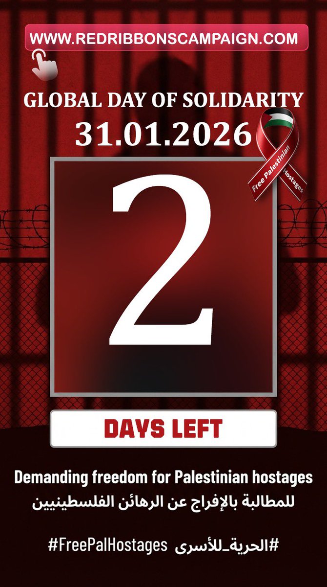 SANEDPAlestine's tweet photo. Join the Global Day of Solidurity with Palestinian Hostages (Red Ribbons)
🗓️ Saturday, 31 January
- In streets 
- At embassies 
- In public spaces 
Take part in  demanding freedom for Palestinian hostages.
#FreePalHostages
#sanedpalestine 
#globalcoalitionagainstoccupation https://t.co/e2CGx7jQ44