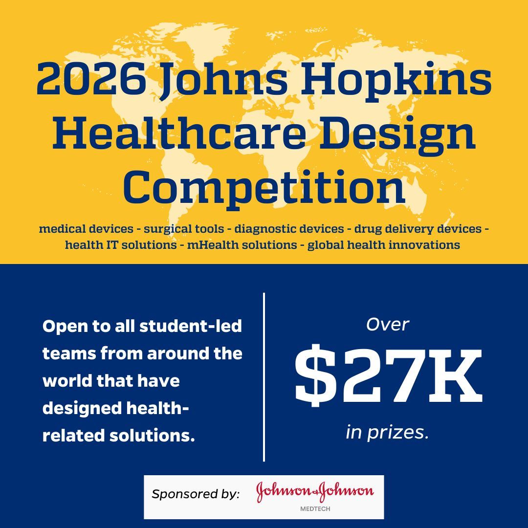 jhu_cbid's tweet photo. 3 days left to apply to the annual renowned JHU Healthcare Design competition! If you have a solution to a modern advanced or global, or digital healthcare problem and are currently looking for funding, networking, connections and support, apply below! 
https://t.co/gPdcWQQrDC https://t.co/ZAr2UozfPD