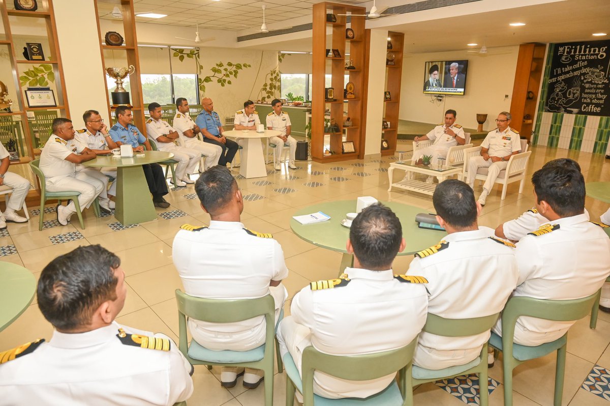 InNwc's tweet photo. VAdm Sameer Saxena, #FOCINC #SNC, visited #InNWC today. During the visit, he was briefed about the nuances of course conduct and measures being taken to enhance professional military education and improve learning outcomes.

The FOCINC also interacted with faculty and student officers, and exhorted them to apply the course learnings to arrive at practical and results-oriented solutions to operational problems. He appreciated the College’s efforts in curating the curriculum towards meeting contemporary and future operational challenges.

#FutureReady
#TrainingtoWin
#OperationalWisdom
