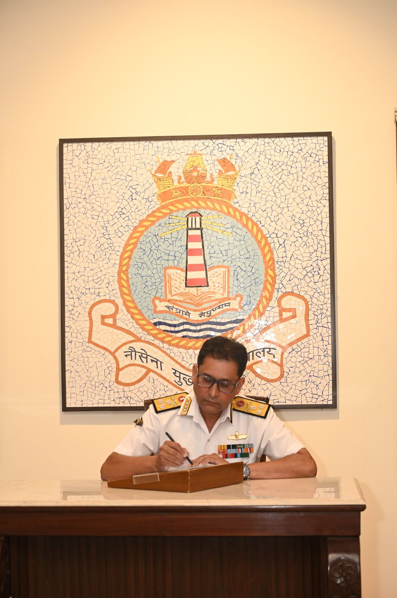 InNwc's tweet photo. VAdm Sameer Saxena, #FOCINC #SNC, visited #InNWC today. During the visit, he was briefed about the nuances of course conduct and measures being taken to enhance professional military education and improve learning outcomes.

The FOCINC also interacted with faculty and student officers, and exhorted them to apply the course learnings to arrive at practical and results-oriented solutions to operational problems. He appreciated the College’s efforts in curating the curriculum towards meeting contemporary and future operational challenges.

#FutureReady
#TrainingtoWin
#OperationalWisdom