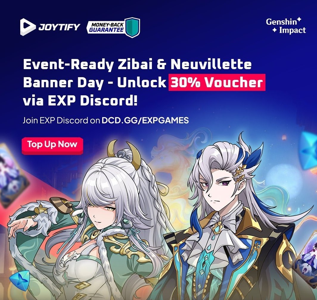 WELKIN Giveaway🎉

Rules :
          > Follow me
          > like &amp; RT this post

Zibai &amp; Neuvi banners are here, unlock your 30% off voucher and get pulls through joytify with money back guarantee

Full T&amp;Cs on Disc: discord.gg/exp-8640328656…

Ends: 10 feb

#Genshin #GenshinImpact