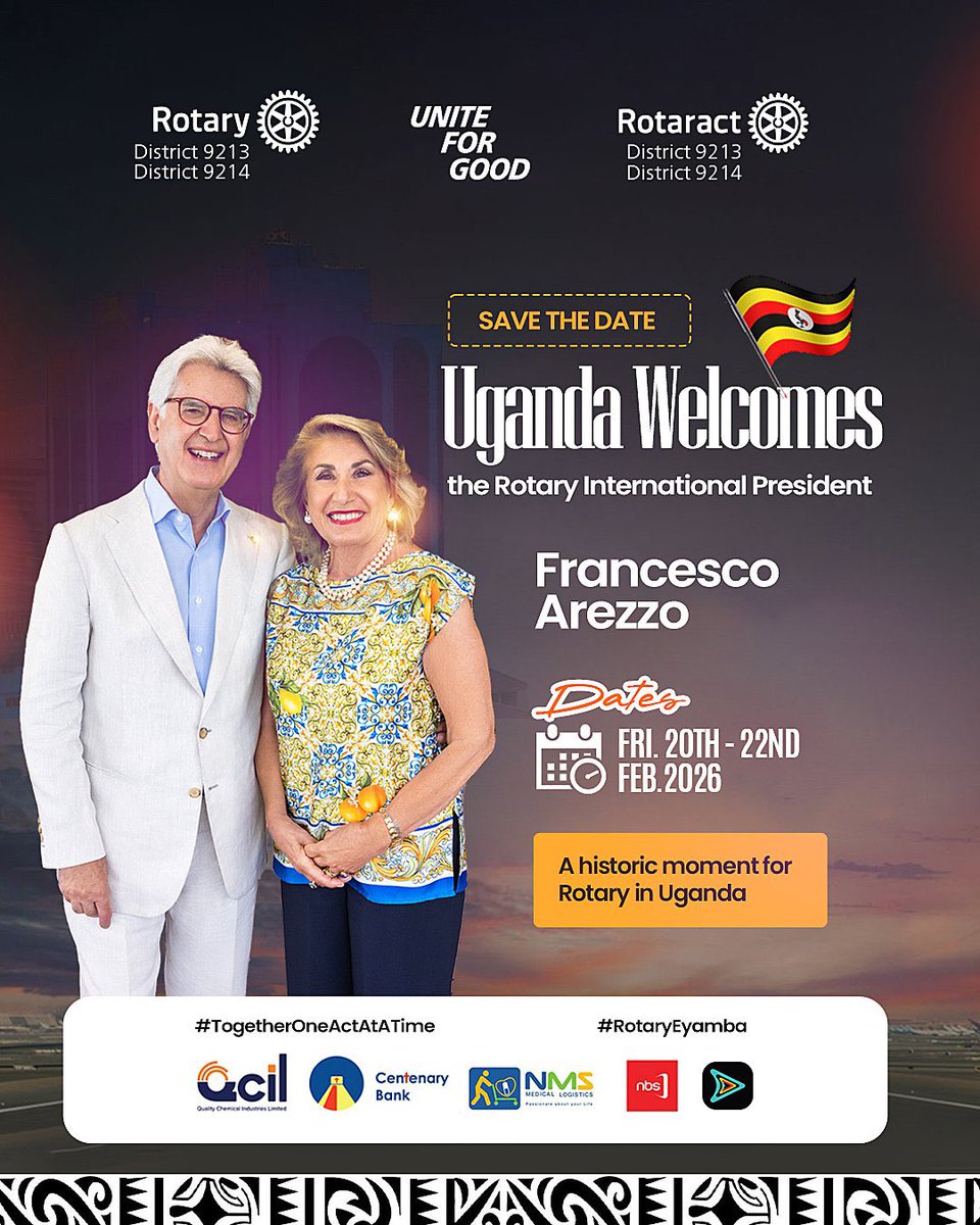 Emmanuel_Rotary's tweet image. BREAKING NEWS

Uganda is honored to welcome Rotary International President Francesco Arezzo. 

This visit reflects Uganda’s continued strategic importance to Rotary International and affirms the country’s growing impact, relevance, and footprint across the Rotary family.

It is…