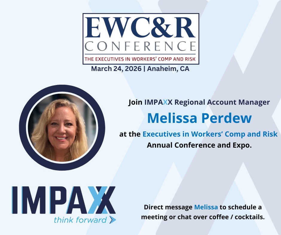 Meet IMPAXX Regional Account Manager Melissa Perdew in Anaheim, CA for the Executives in Workers' Comp and Risk Annual Conference and Expo. Be sure stop by the IMPAXX booth to discuss all of your #Section111Reporting questions, and more.

tinyurl.com/34xaxehp