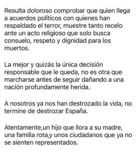 La carta demoledora de Fidel Sáenz, hijo de una víctima del accidente de tren de Adamuz, al presidente del gobierno de España Pedro Sánchez.

“Tendremos para despedir a las víctimas el funeral religioso que merecen. Pero entendemos que usted se sienta fuera de lugar, tal vez
