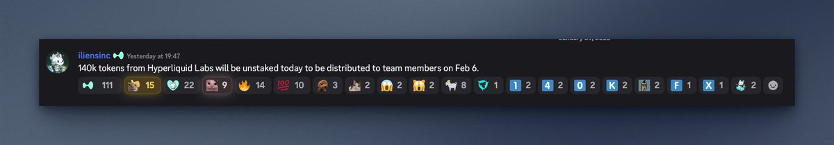 Monthly team unlocks for $HYPE:

December: ~2.6M unlocked → ~850K re-locked 
January: 1.2M unlocked
February (announced via Discord): only 140K (~90%+ reduction from Jan)

Hyperliquid continues to set interesting precedents.
$HYPE | Hyperliquid